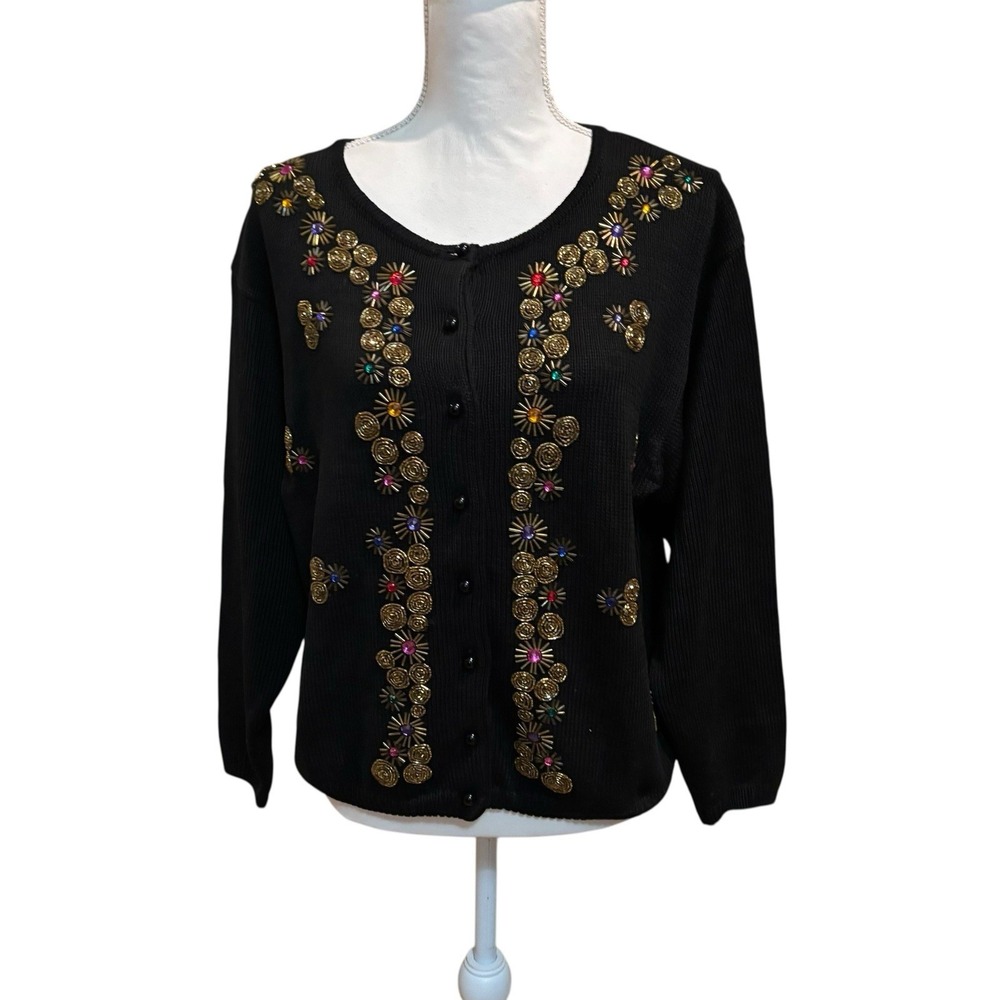 Vintage Trimmings Black Beaded Jewel Cardigan M Floral‎ Sunburst Holiday Sweater